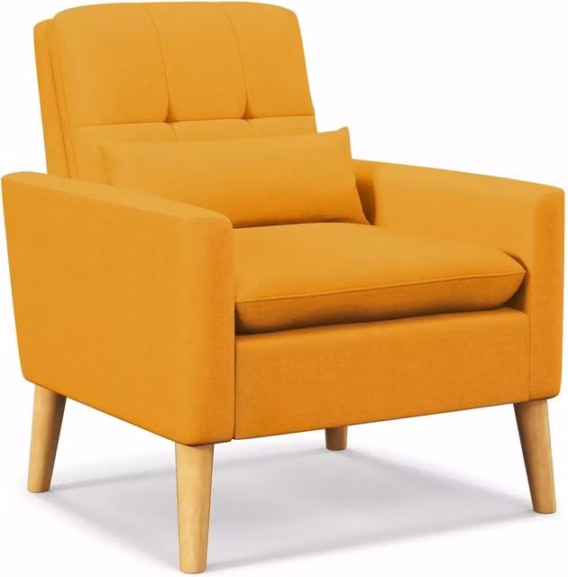 Costway Mid-century Modern Accent Chair in Yellow Linen Fabric with Pillow