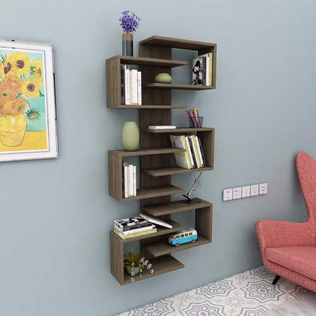 Destina Home Lotus Bookcase with Geometric Shelves in Brown and Orange
