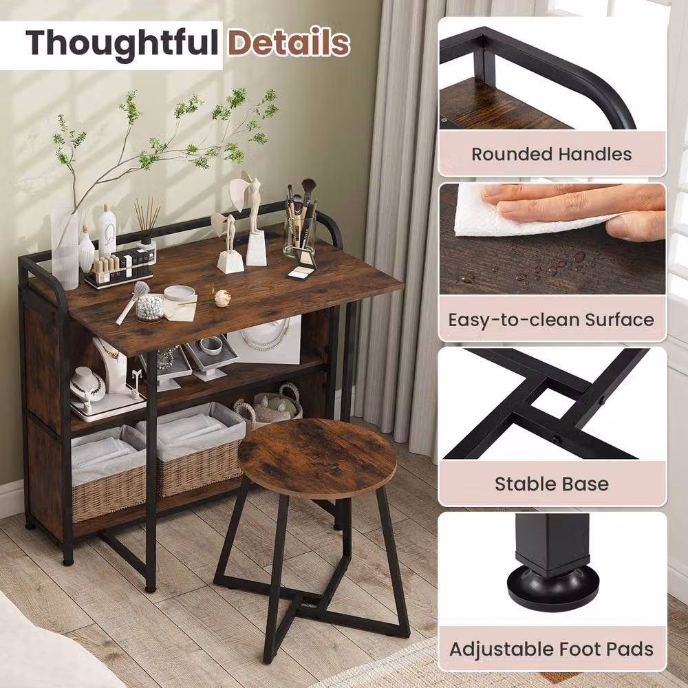 Costway Folding Computer Desk Set with Stool and AC Outlets, Brown – 3