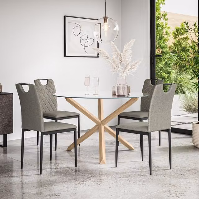 More4Homes Malvern Round Glass Dining Table Set with Solid Oak Legs and 4 Grey Monza Linen Chairs