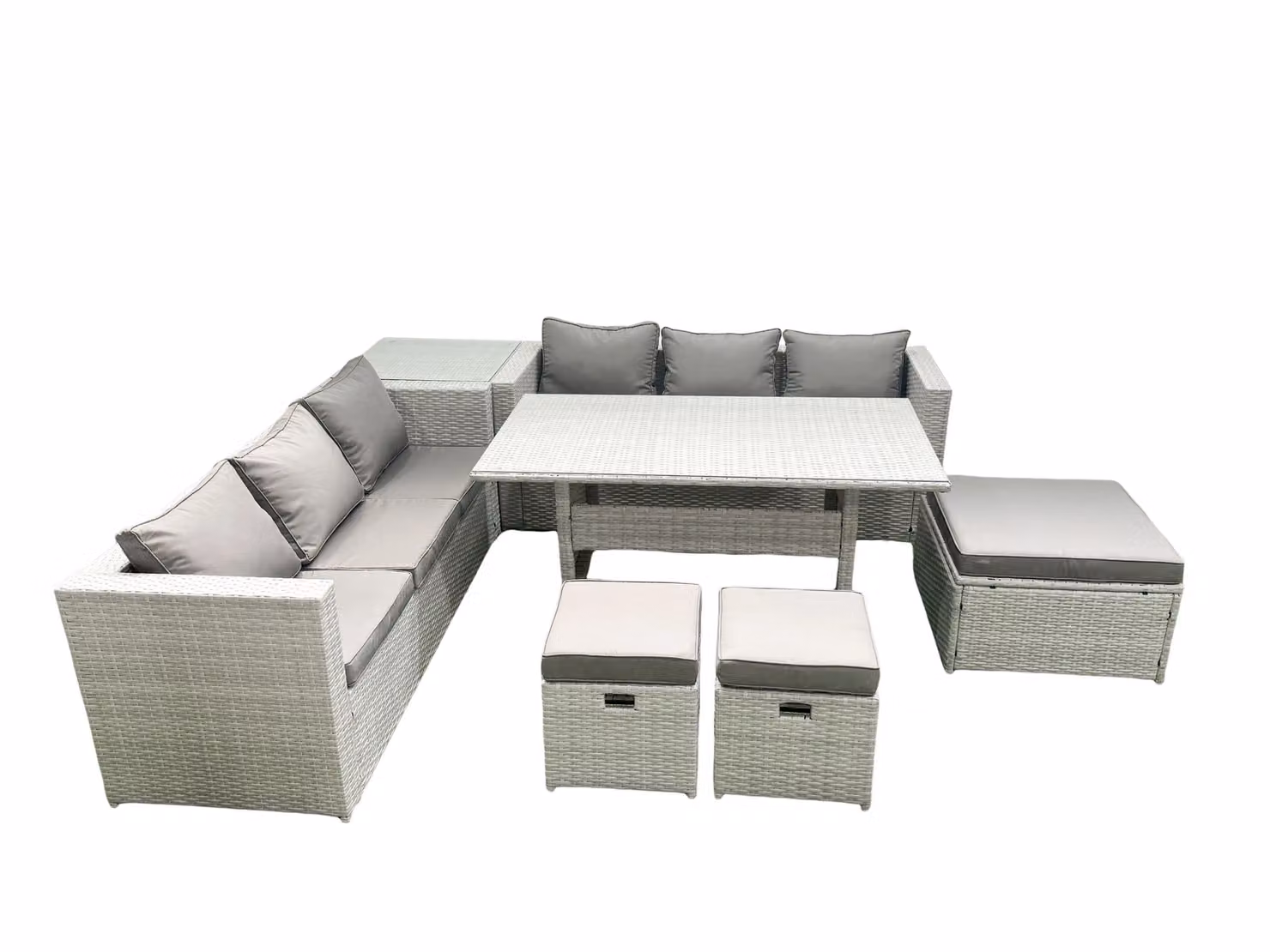 Fimous 9 Seater Rattan Garden Furniture Set with Dining Table, Side Table and 3 Footstools in Light Grey – 2