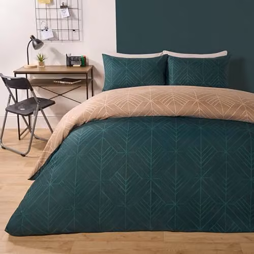 OHS Kingsize Reversible Geometric Duvet Cover and Pillowcase Set in Petrol and Beige, Microfibre Bedding – 1