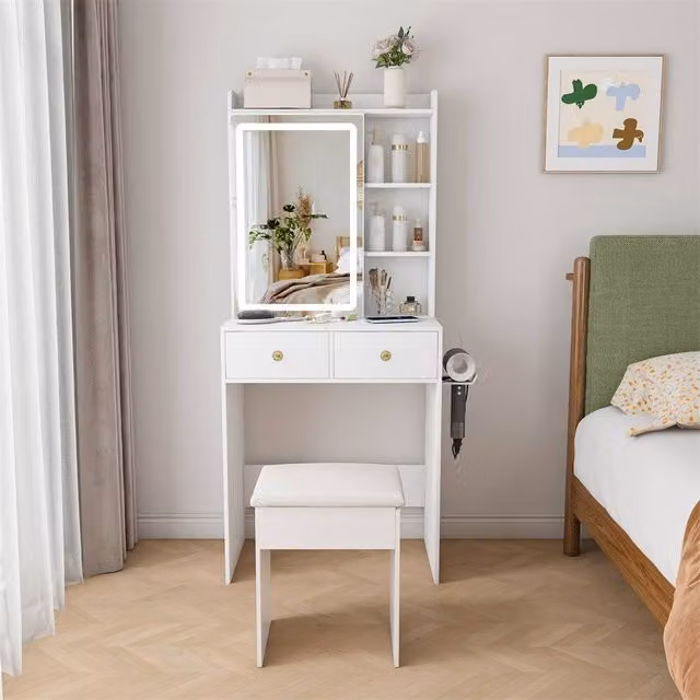 Direct Wicker Small White Makeup Vanity Desk with 3 Adjustable LED Lights and Stool