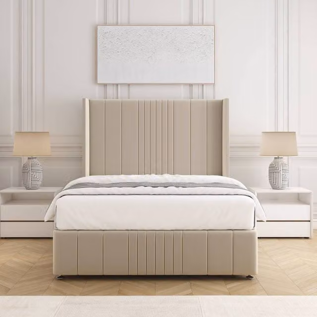BSSPOKE Elise Plush Velvet Divan Bed Set with 54 inch Headboard and Mattress in Cream, Super King, W/D/H: 163 x 200 x 30.48 cm