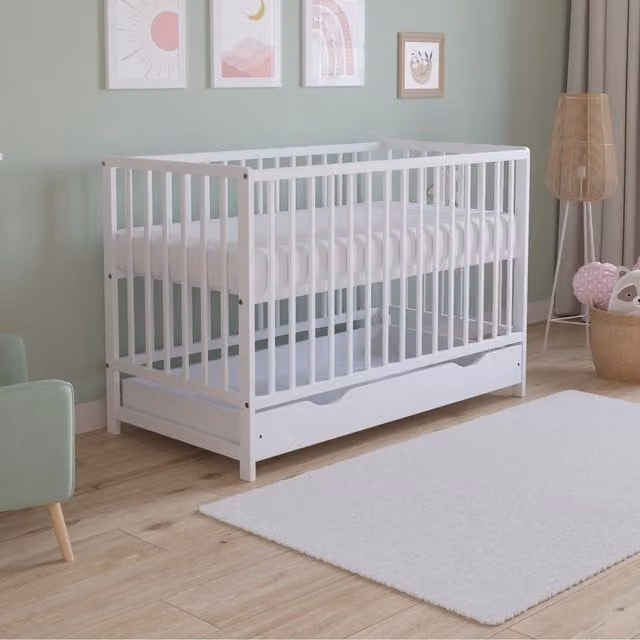 Love For Sleep Asher Cot Bed with Drawer and Foam Mattress, White, W/D: 120 x 60 cm