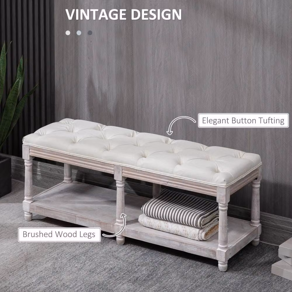 Wyld Haus Lono Cream Tufted 2 Tier Vintage Style Fabric and Wood Shoe Rack Storage Bench – 4