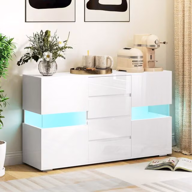 HOMCOM Modern High Gloss White Sideboard with Integrated LED Lights
