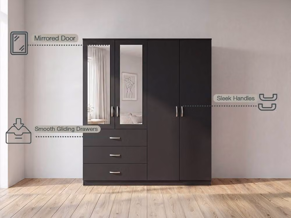 Vida Designs Riano 4 Door 3 Drawer Mirrored Wardrobe in Black – 4