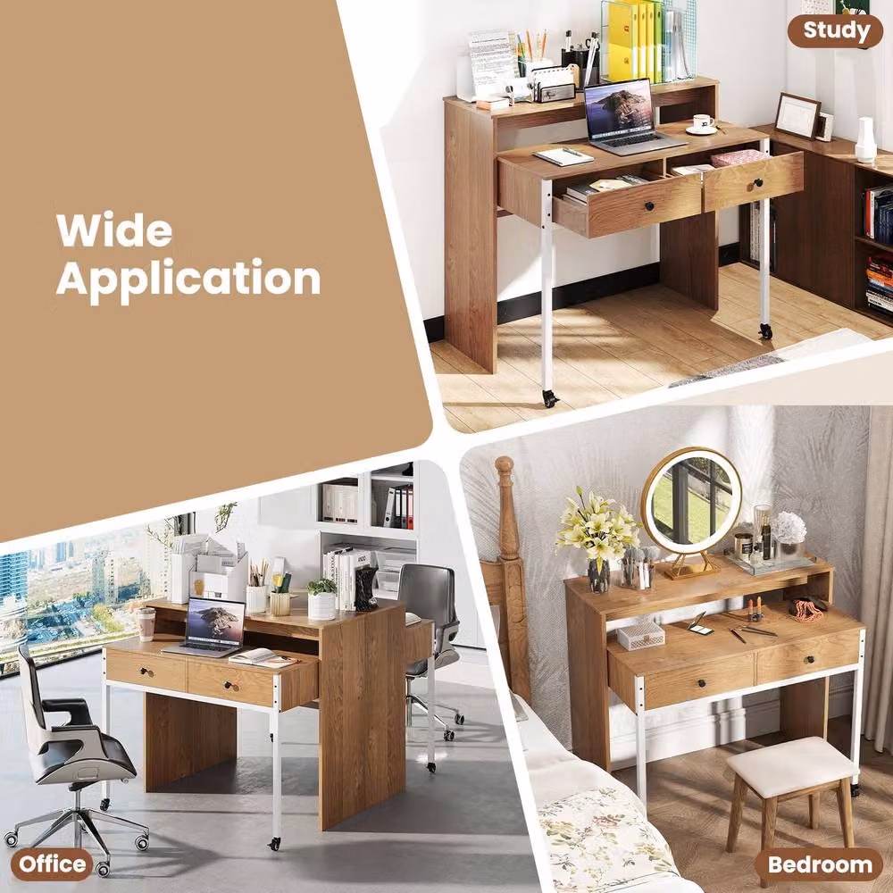 Costway Extendable Modern Computer Desk with Drawers and Castors in Brown – 6
