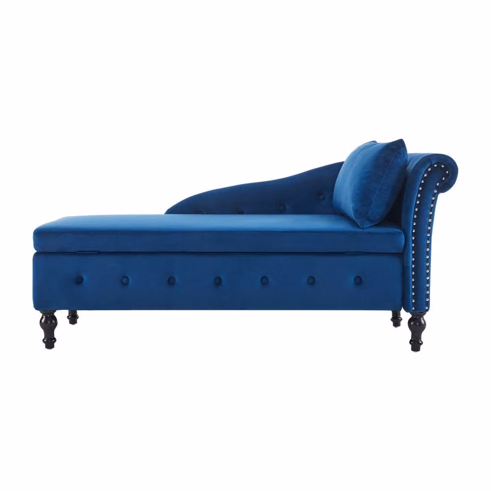 BTM Blue Velvet Chaise Lounge with Storage and Pillow, Right Armrest – 9