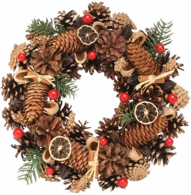 KDMD Pine Cone Red Berry and Fruit Christmas Wreath in Brown, Red and Orange, Diameter: 30 cm – 1