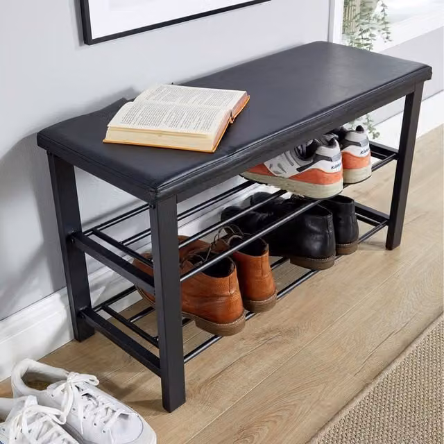Home Source Sleaford Modern Upholstered Shoe Bench with Metal Frame in Black and Grey