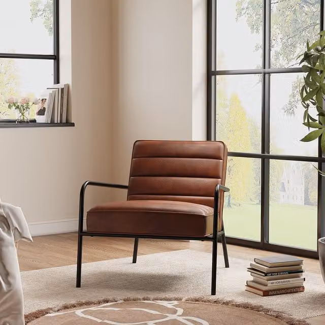 Livingandhome Brown PU Leather Industrial Accent Chair with Metal Frame and Armrests