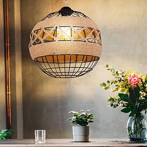 Netlighting Ulleu Industrial Sphere Pendant Ceiling Light in Black or Brown with Hemp Rope and Metal Construction, E27, Diameter: 30 cm – 4