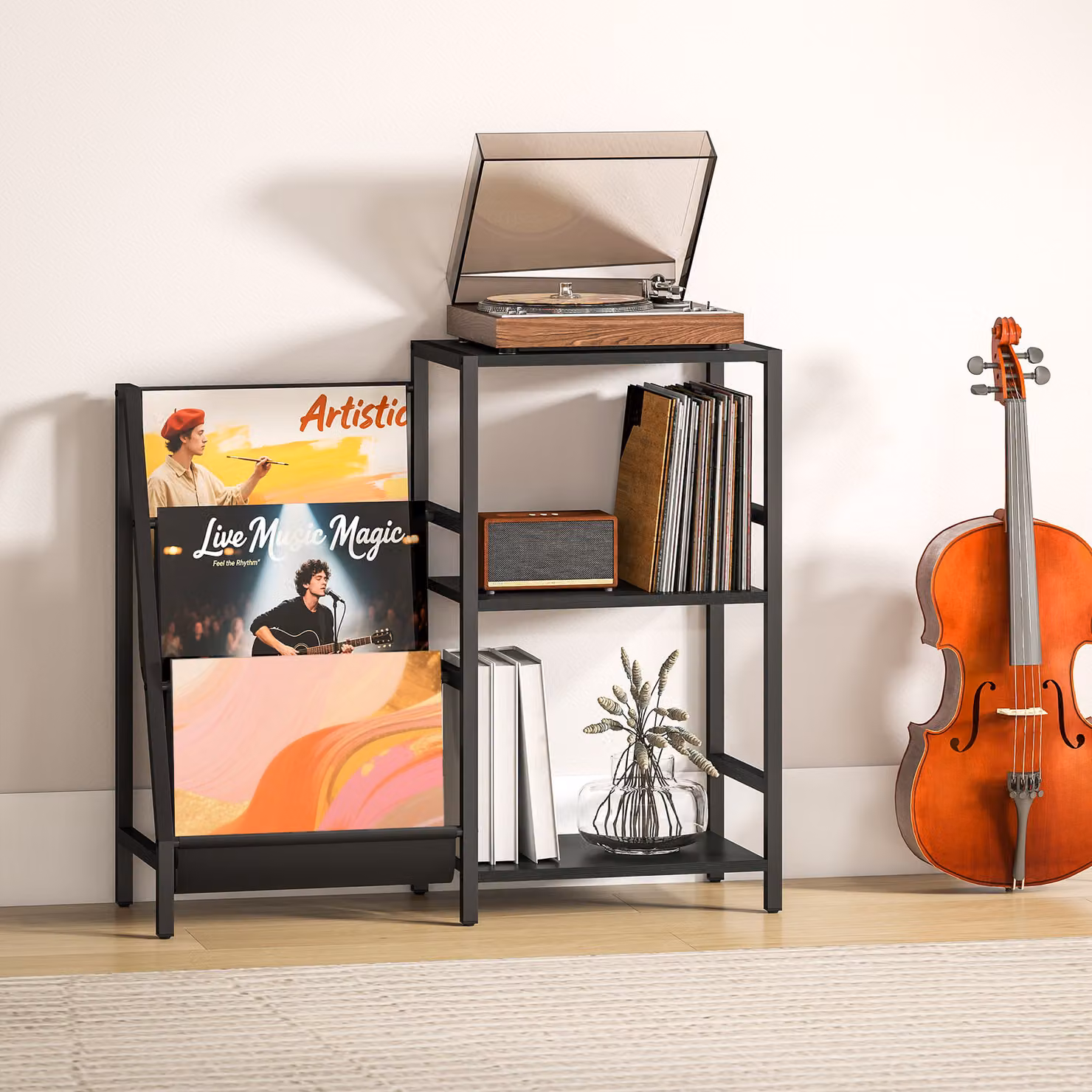 HOMCOM 3-Tier Record Player Stand and End Table in Black Wood Effect – 8