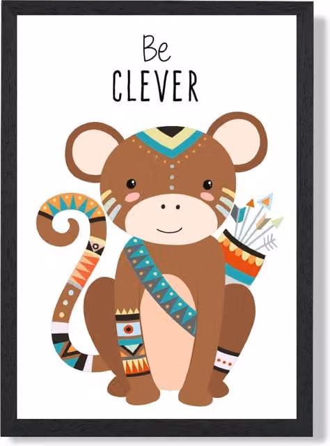 ARTZE Be Clever Monkey Tribal Animal Quote Framed Print, Multicolour, Black Frame, A2 – 1