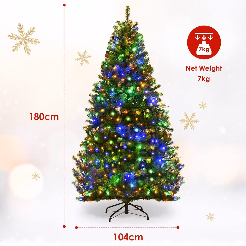 Gymax 180 cm Pre-Lit Artificial Christmas Tree with 350 Multicolour LED Lights in Green – 2