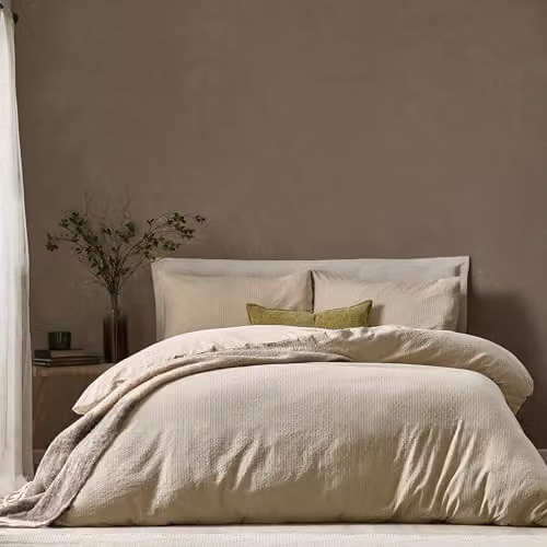 Riva Home Yard Striped Jacquard Cotton Duvet Cover Set, Beige Linen, W: 230 cm, H: 230 cm, W/D/H: 180 x 200 cm