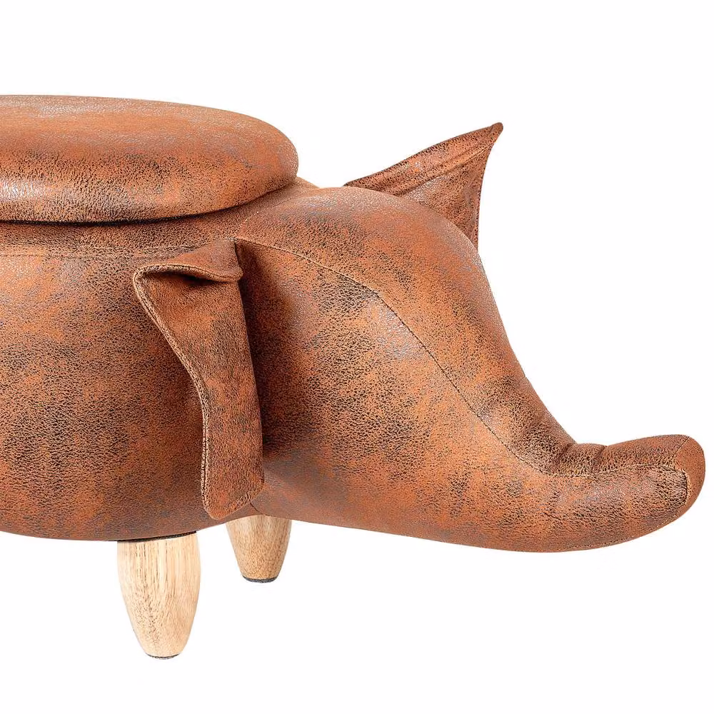 Wyld and Coco Elephant Kids Storage Stool in Brown Faux Leather with Rubberwood Legs – 5
