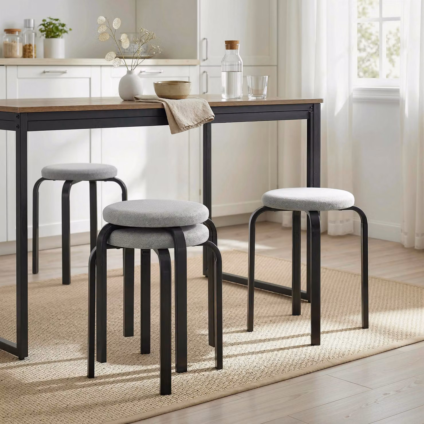 HOMCOM Set of 4 Modern Stackable Round Backless Stools with Grey Fabric Cushions and Metal Frames – 2