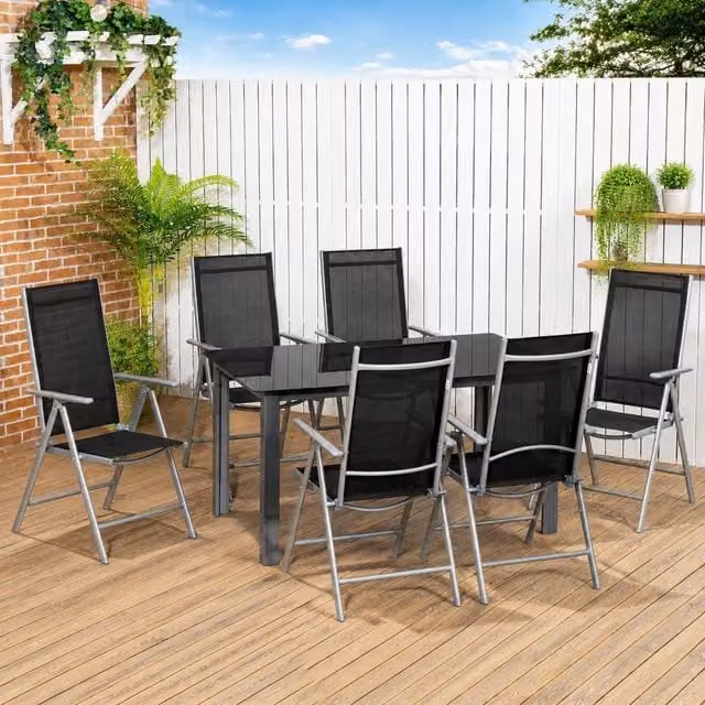 STILVORA 7 Piece Modern Garden Dining Set with Reclining Chairs and Black Glass Top Table – 1