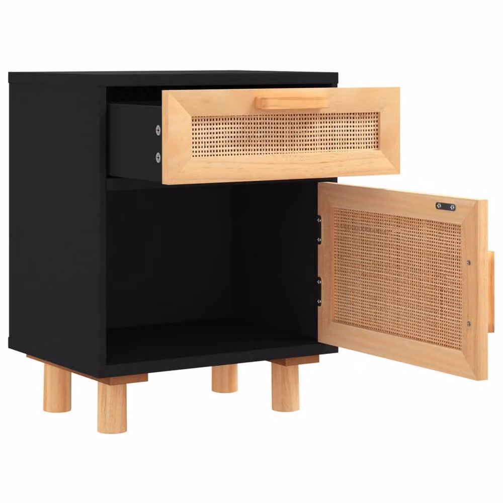 Berkfield Home Black Solid Wood Pine and Natural Rattan Decorative Bedside Cabinet – 5