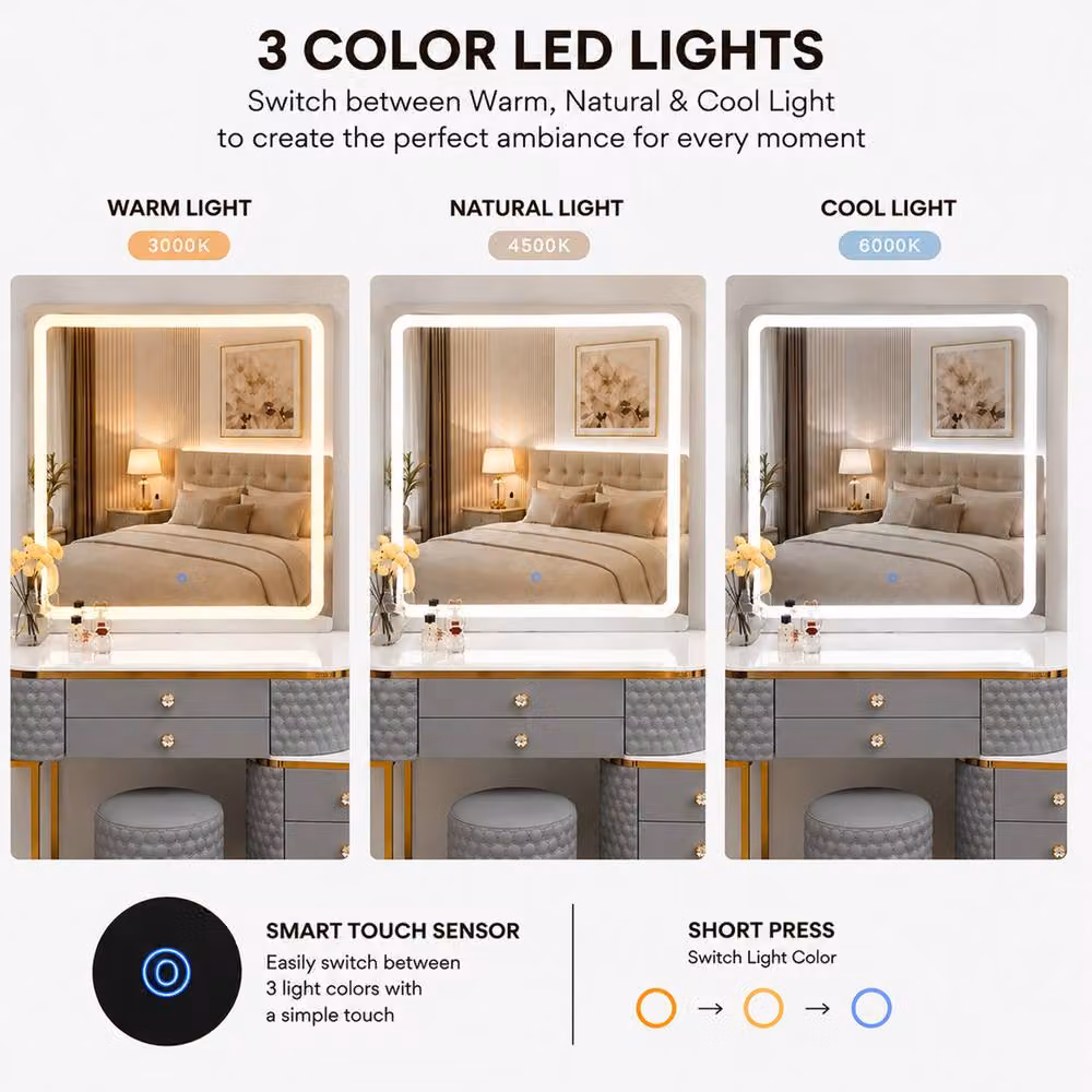 Sliding Wardrobes 4U Modern Grey Dressing Table with LED Mirror, Stool and Storage Cabinet, Width: 130 cm – 3