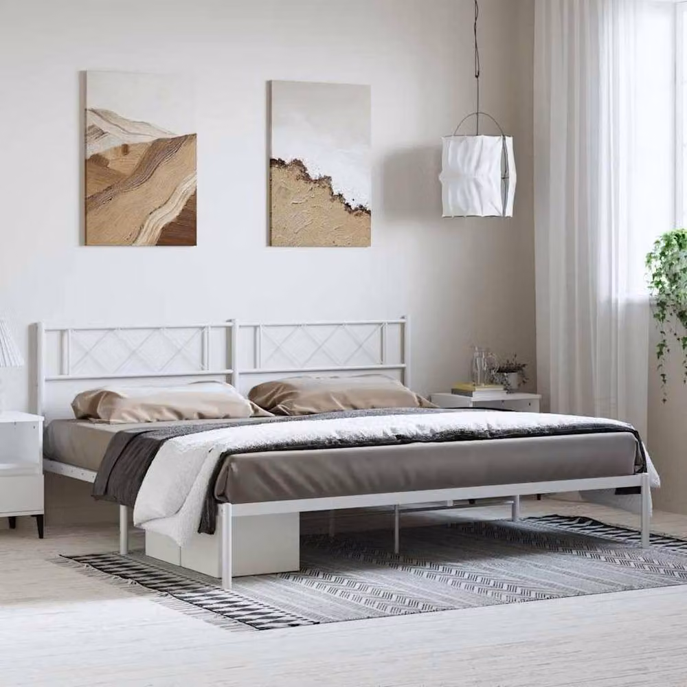 Berkfield Home Metal Bed Frame with Headboard in White W: 183 cm – 2