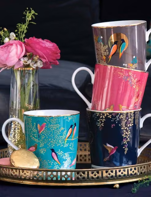 Sara Miller Set of 4 Chelsea Floral Bone China Mugs in Multicolour and Gold