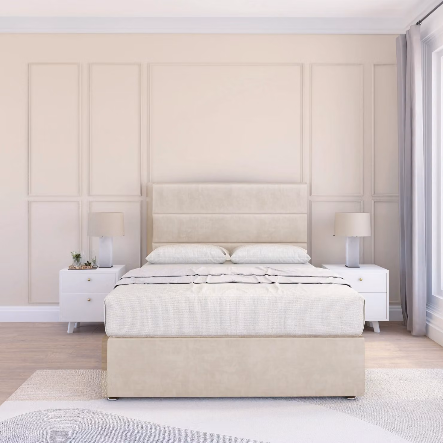 Sloomy Texas Divan Bed Base and 26 inch Struts Headboard, Beige Striped Fabric, W/D/H: 180 x 200 cm