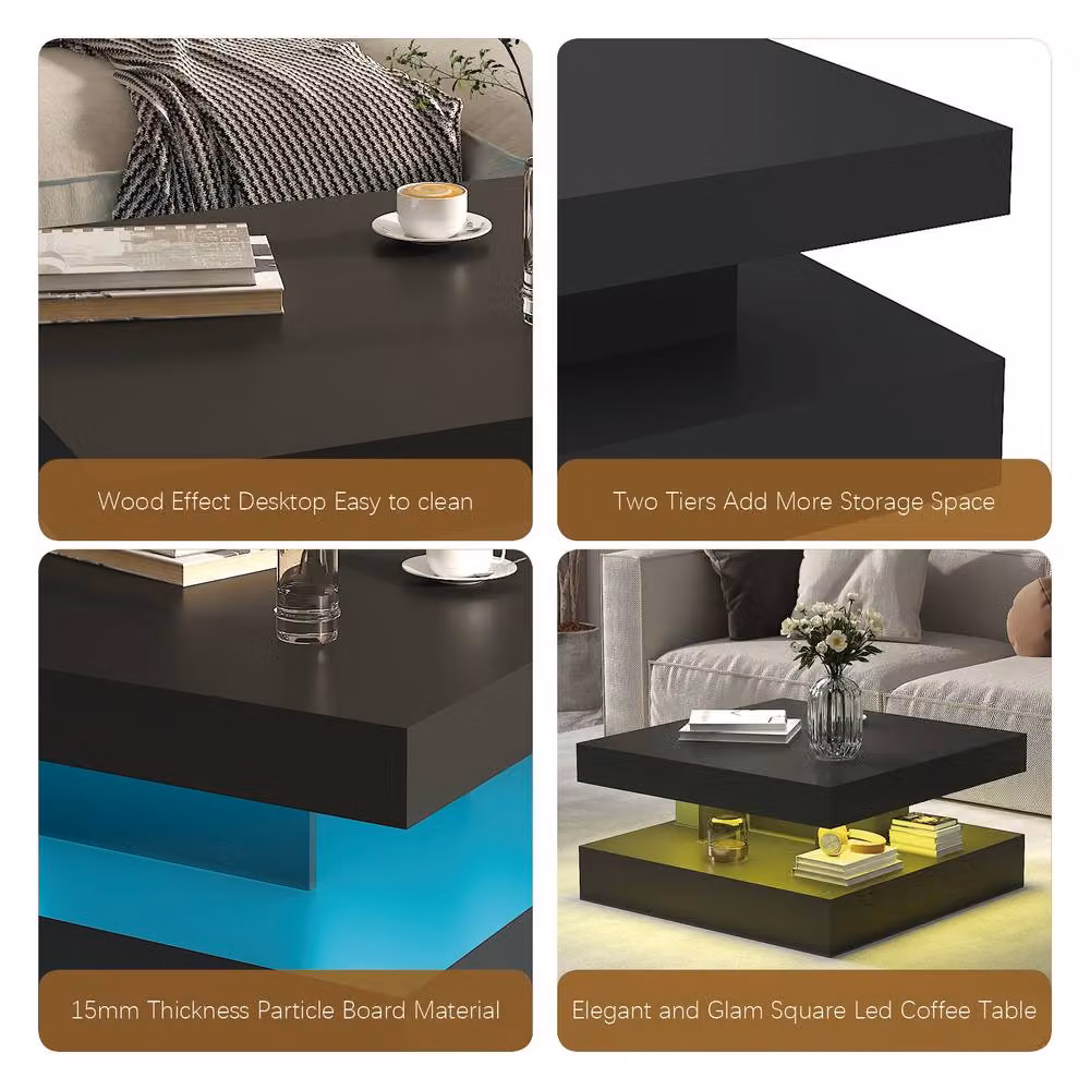KEEPREAPER Black Square 2-Tier Coffee Table with LED Light and Storage – 5