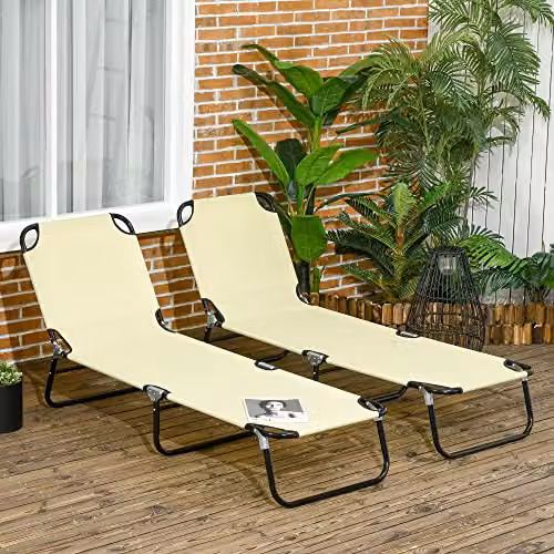 Outsunny Set of 2 Folding Sun Loungers with Adjustable Headrest in Beige – 2
