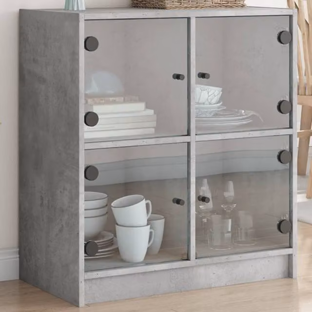 Berkfield Home Side Cabinet with Glass Doors in Concrete Grey, W: 68 cm, D: 37 cm, H: 75.5 cm