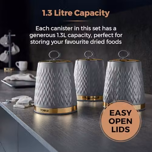 Tower Empire Set of 3 Geometric Ceramic Airtight Storage Canisters for Tea, Coffee and Sugar, Grey, Gold and Bronze, 1.3 l – 4