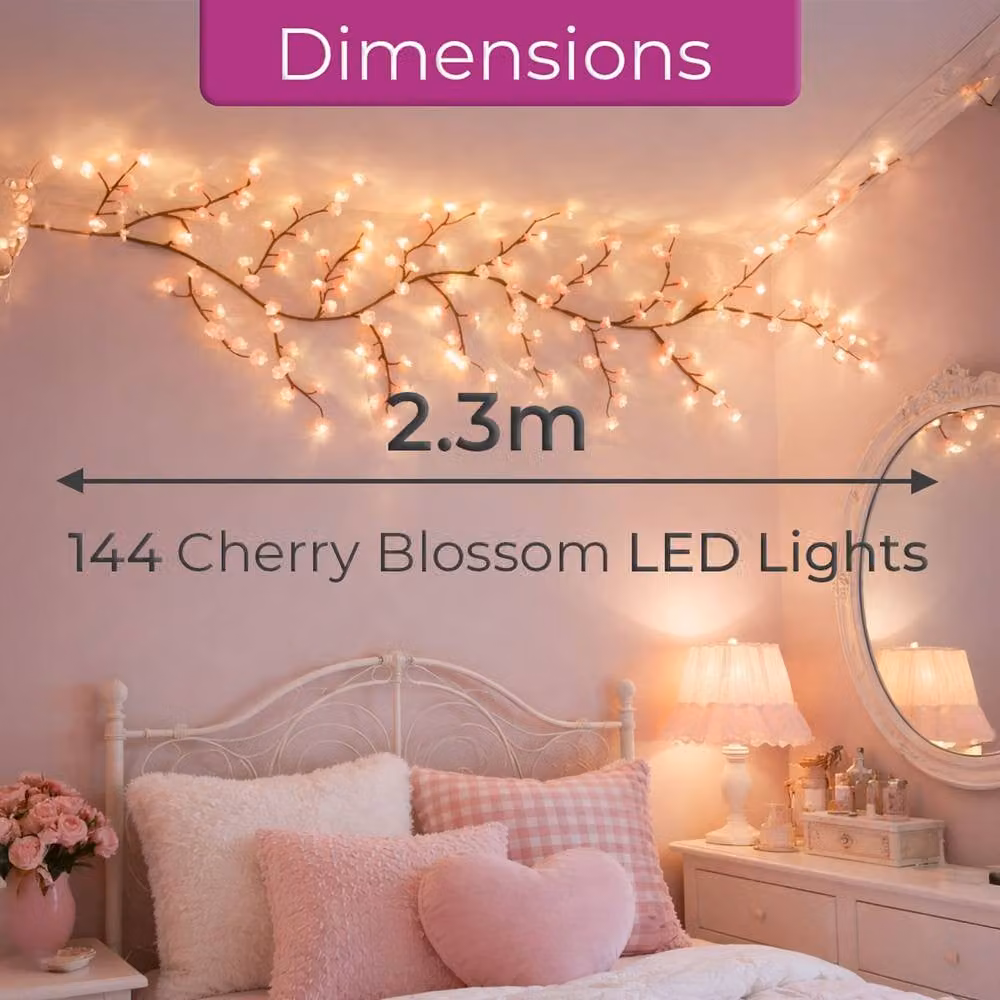 Neo Pink Cherry Blossom LED Fairy Lights Garland with 144 LEDs and Remote Control – 3