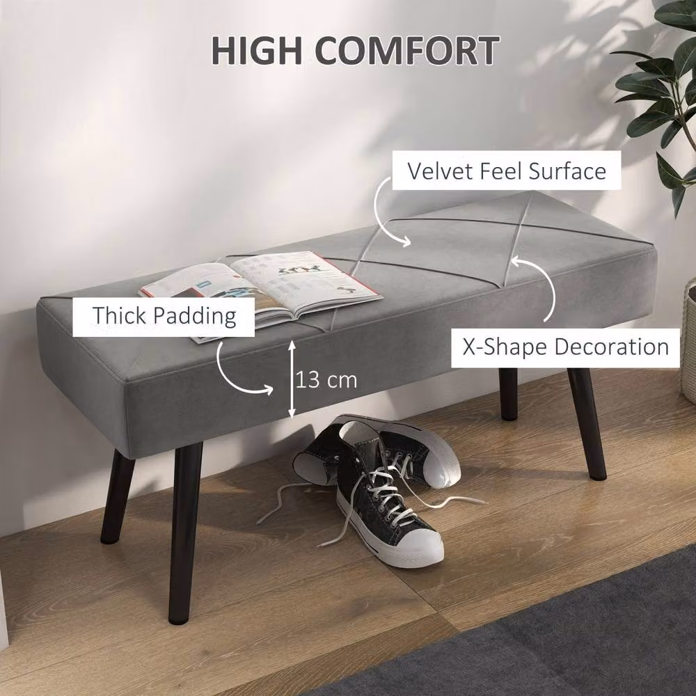 Wyld Haus Mazuka Grey Velvet End of Bed Bench with Black Metal X Frame Legs – 4