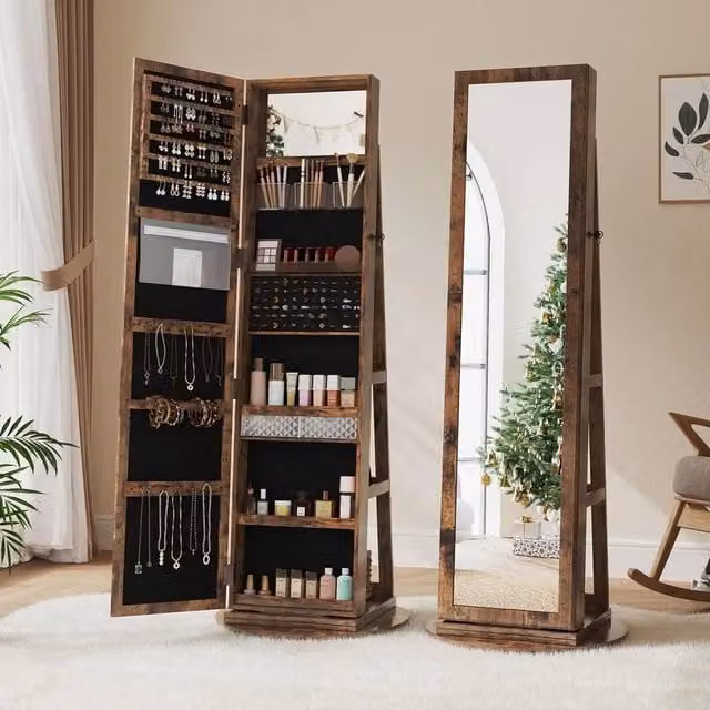 PAWNORA Rustic Brown Wood Jewelry Storage Cabinet with Mirror and Internal Shelves and Drawers – 1