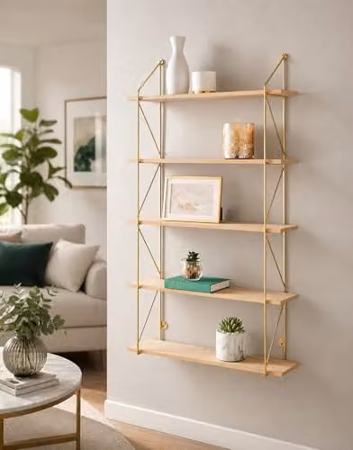 SPOT ON DEALZ 5 Tier Modern Gold Wall Mounted Floating Shelves with Oak Wood and Metal Frame – 2