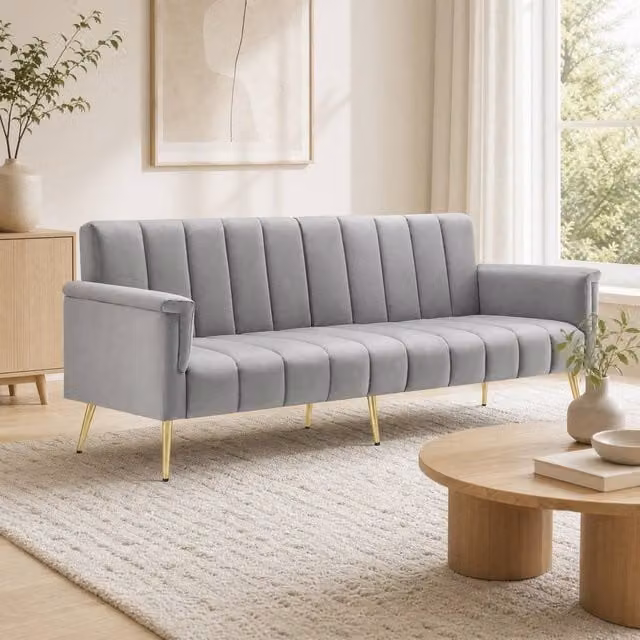 STILVORA 2-Seater Grey Velvet Click-Clack Sofa Bed with Metal Frame