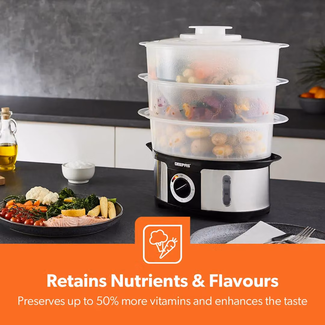 Geepas 12L 3 Tier Electric Food Steamer and Slow Cooker in White – 4
