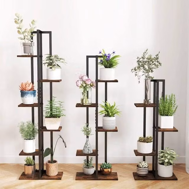 Kelvenix Set of 3 Rustic Tall Plant Stands in Black Wood and Metal – 1