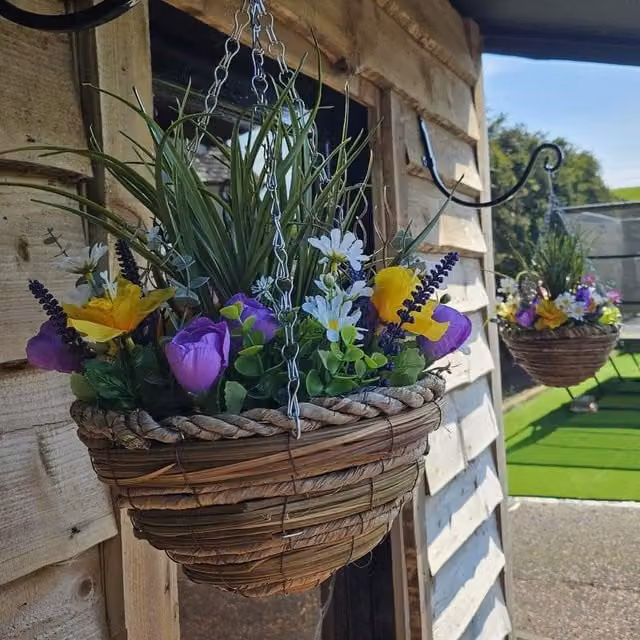 Best Artificial Mixed Meadow Flowers in a Pair of Yellow Multicolour Round Rattan Hanging Baskets, Diameter: 25.4 cm