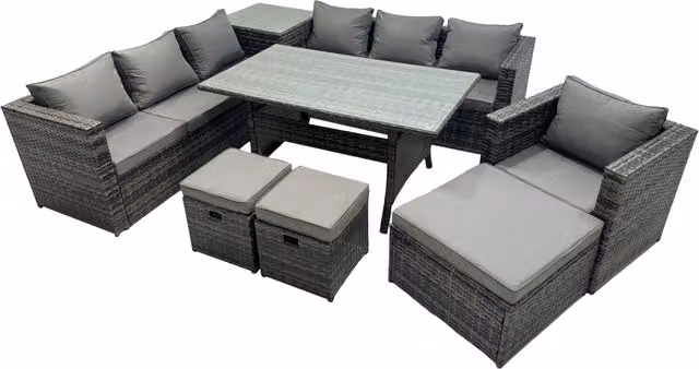 Fimous 10 Seater Garden Rattan Furniture Set with Side Table and 3 Stools in Dark Grey