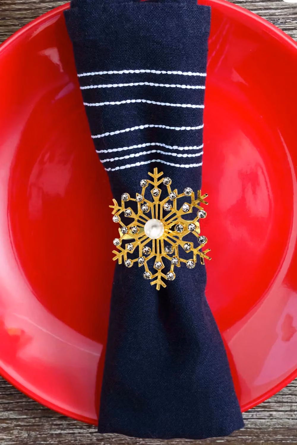 Neel Blue Snowflakes Napkin Rings with Faux Pearl and Diamante Rhinestone, 6-Piece Set in Gold and Silver – 3