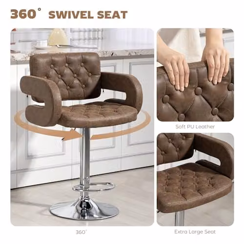 HOMCOM Brown PU Leather Swivel Bar Stool with Armrests and Adjustable Height – 4