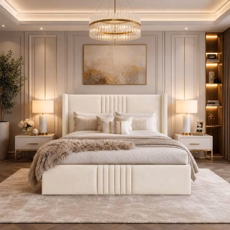 Desire Deco Brookes Wingback Ottoman Storage Bed Frame in Beige Plush Velvet, Small Double (W/D/H: 120 x 200 cm)