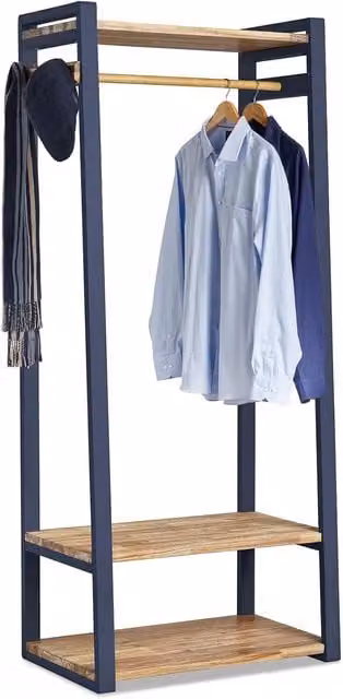 Florence Open Wardrobe with Shelves, Rail and Hooks in Navy Blue and Grey Acacia Wood, H 188 cm x W 80 cm x D 40 cm
