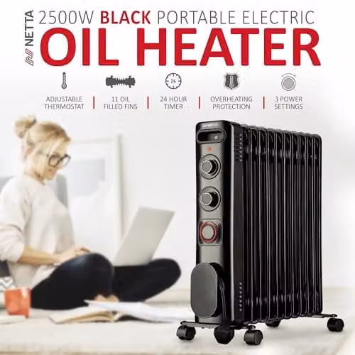 Netta 2500W Electric Oil Filled Radiator in Black with Thermostat, 24 Hour Timer and Overheat Protection – 2