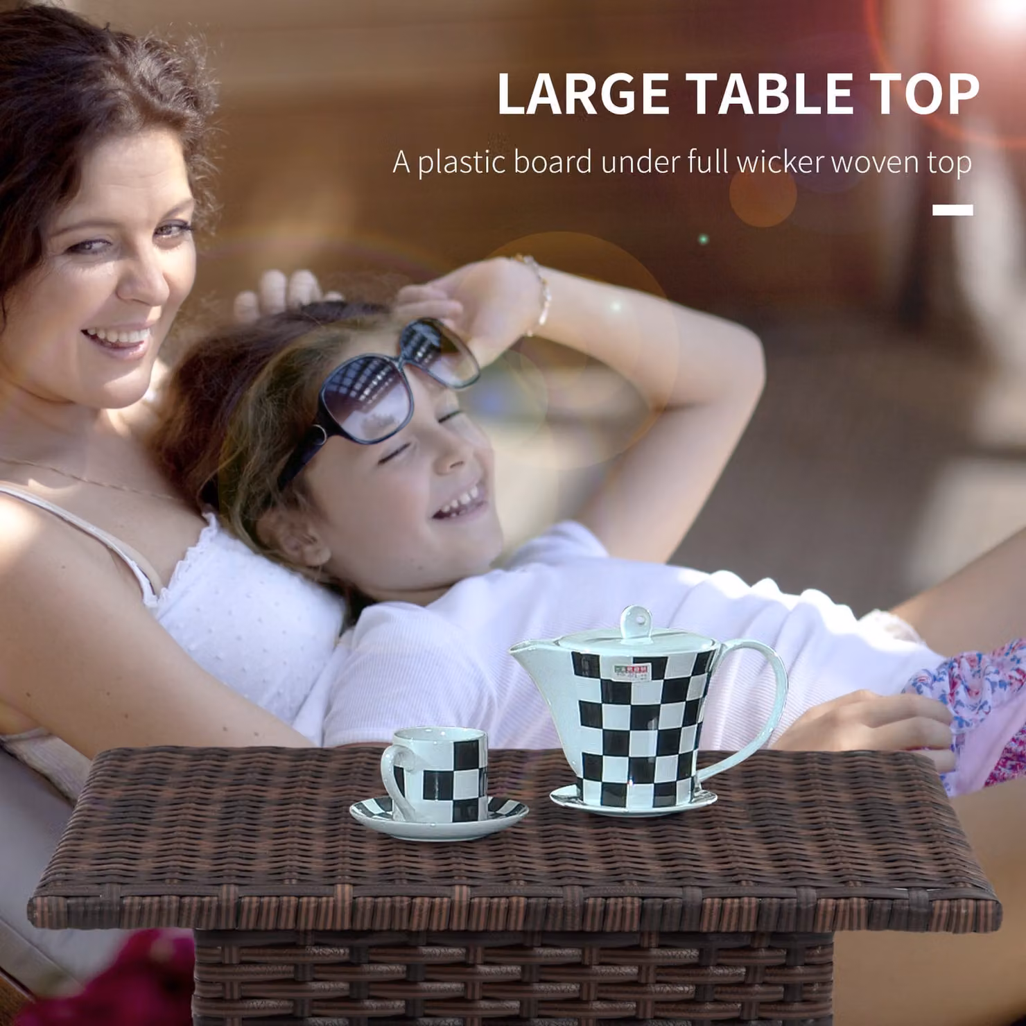 Outsunny Outdoor Rattan Side Table with Plastic Board and Powder Coated Steel Frame, Mixed Brown – 4