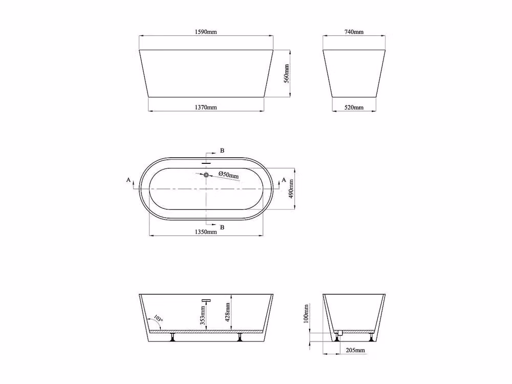 LUZECA Oval Freestanding Acrylic Bathtub in Midnight Matt Blue, W/D/H: 159 x 74 x 56 cm – 3